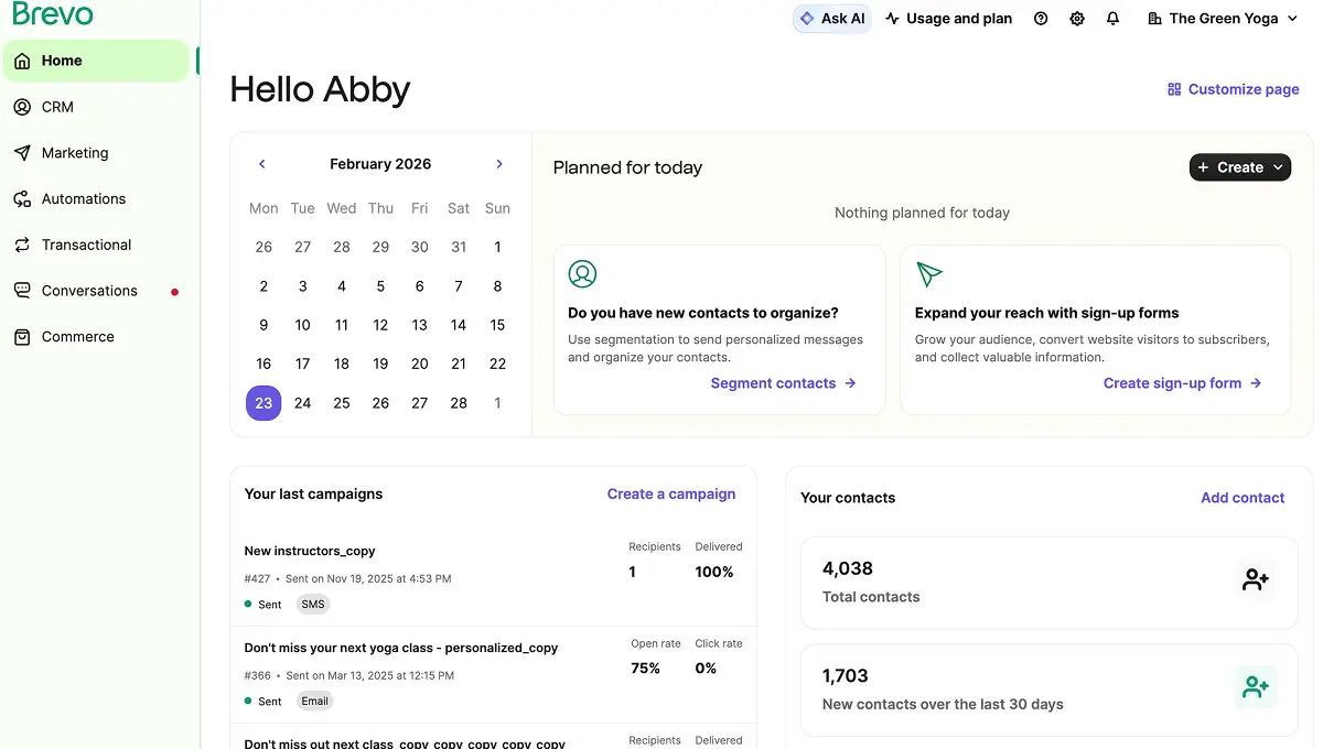 Brevo platform dashboard showing email campaigns, CRM, and multichannel marketing tools