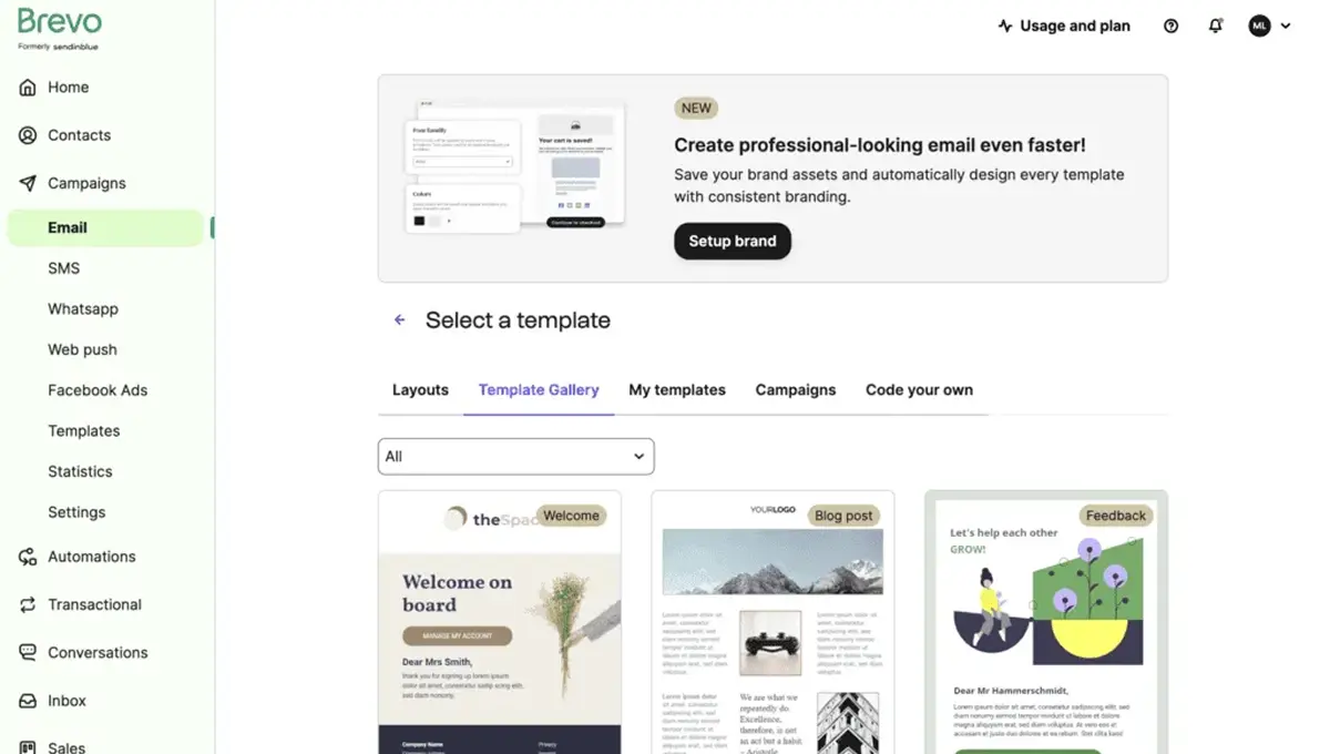 Brevo drag and drop email editor showing template customization with Brand Library