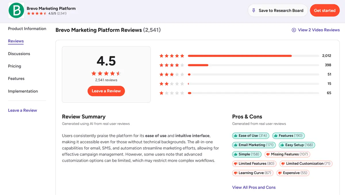Brevo user ratings and reviews on G2 and Capterra showing 4.5 out of 5 stars