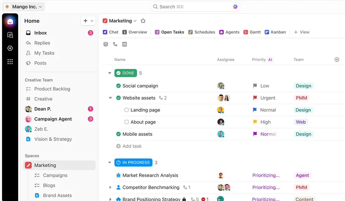 ClickUp dashboard showing tasks, docs, and project views in one workspace