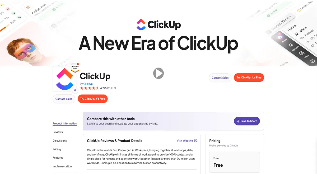 ClickUp G2 rating showing 4.7 out of 5 stars with over 10,000 reviews