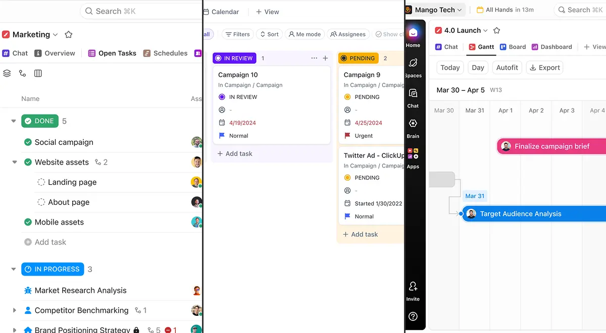 ClickUp multiple views showing Board, List, and Gantt chart side by side