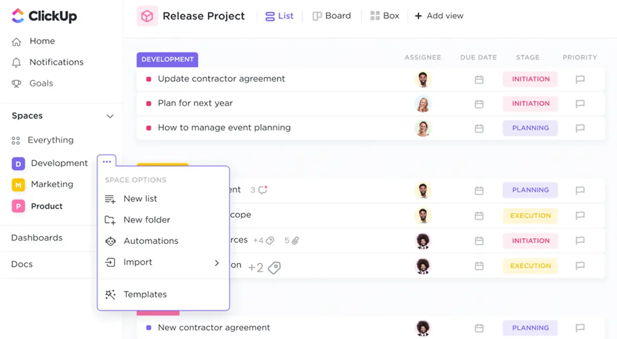 Example of a clean ClickUp workspace setup with Space, List, and tasks organized