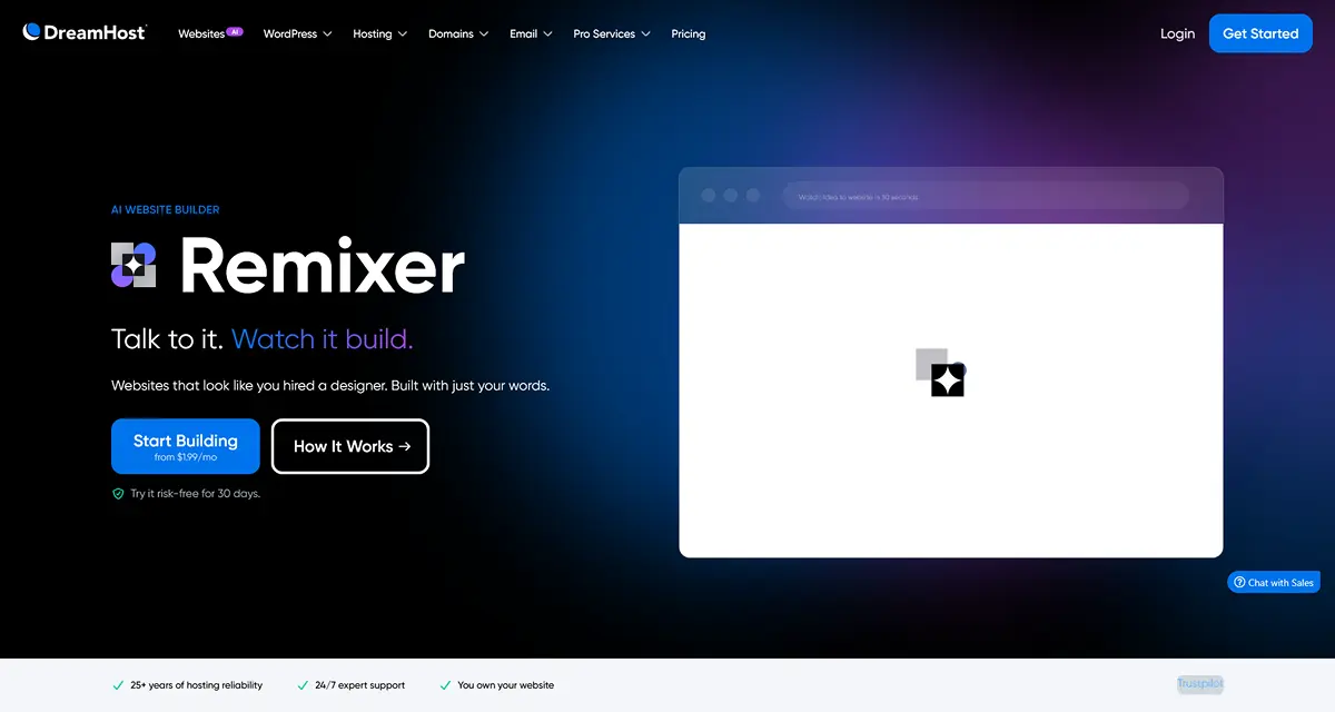 DreamHost homepage in 2026 showing hosting plans, Remixer AI builder, and Bunny CDN features