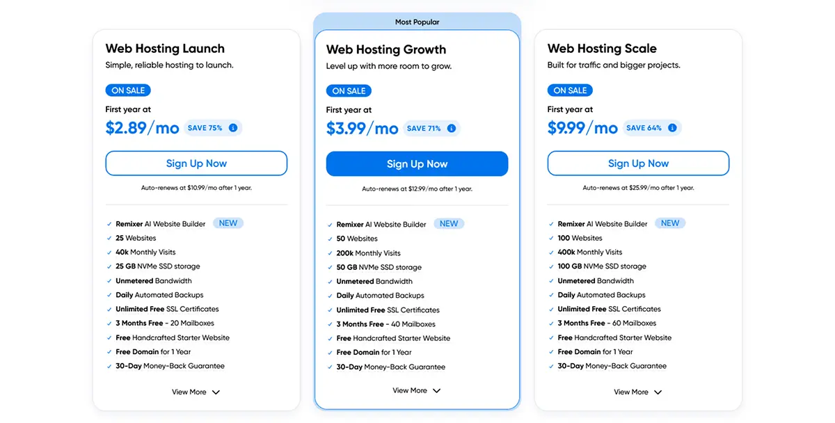 DreamHost shared hosting pricing plans for 2026 showing Launch, Growth, and Scale tiers