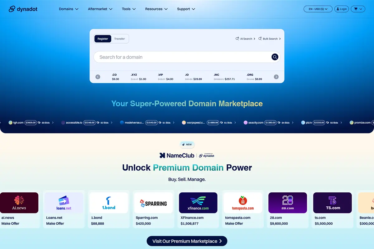 Dynadot homepage in 2026 showing AI domain search and the domain marketplace with .co .xyz .vip .io .inc and .org pricing