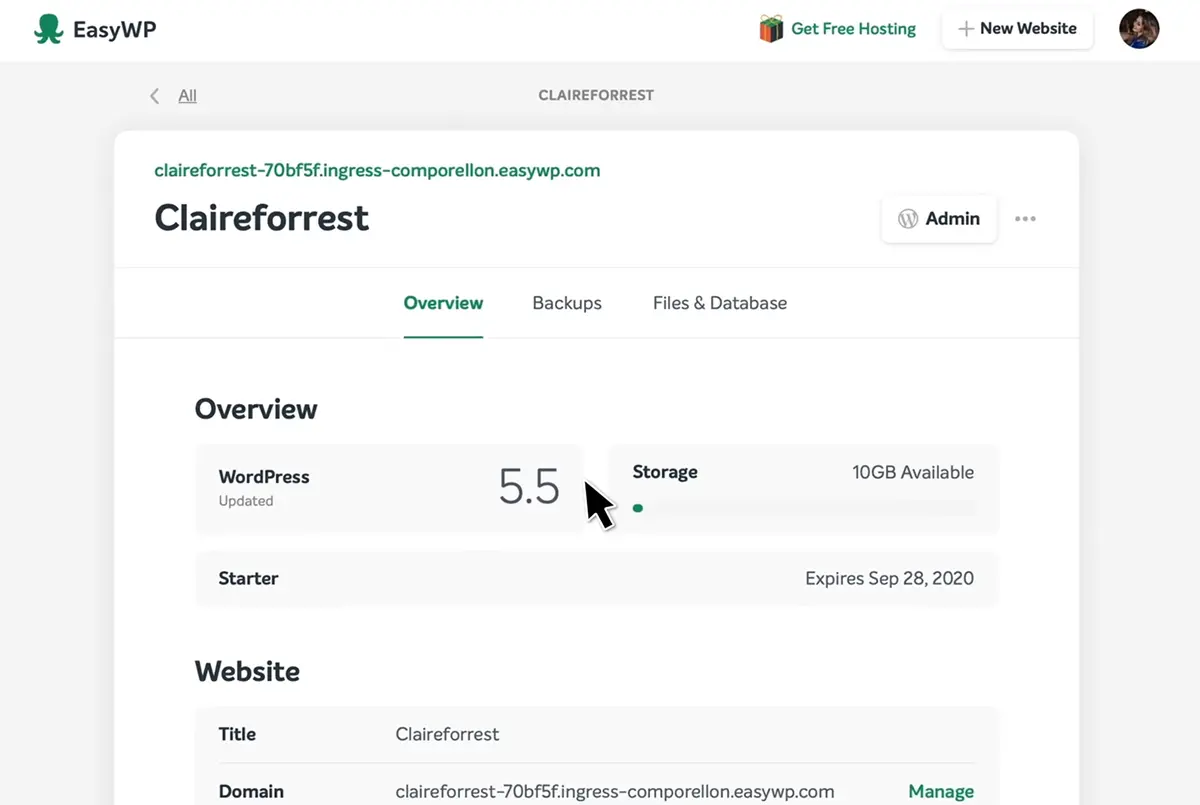 EasyWP dashboard showing the simplified WordPress management interface with backups, SFTP, and database access