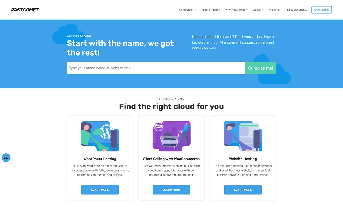 FastComet homepage in 2026 showing managed cloud hosting with 24/7 support and pricing from $1.79 per month