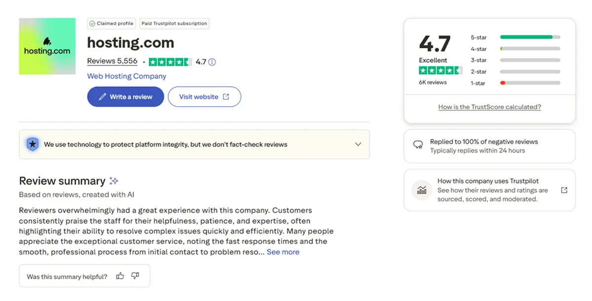 Hosting.com customer reviews on Trustpilot showing 5-star ratings and testimonials about support quality and migration experience