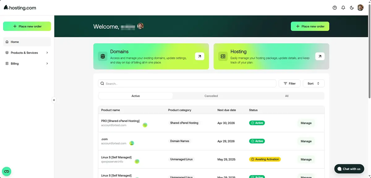 Hosting.com cPanel dashboard showing the WHM control panel with managed hosting features