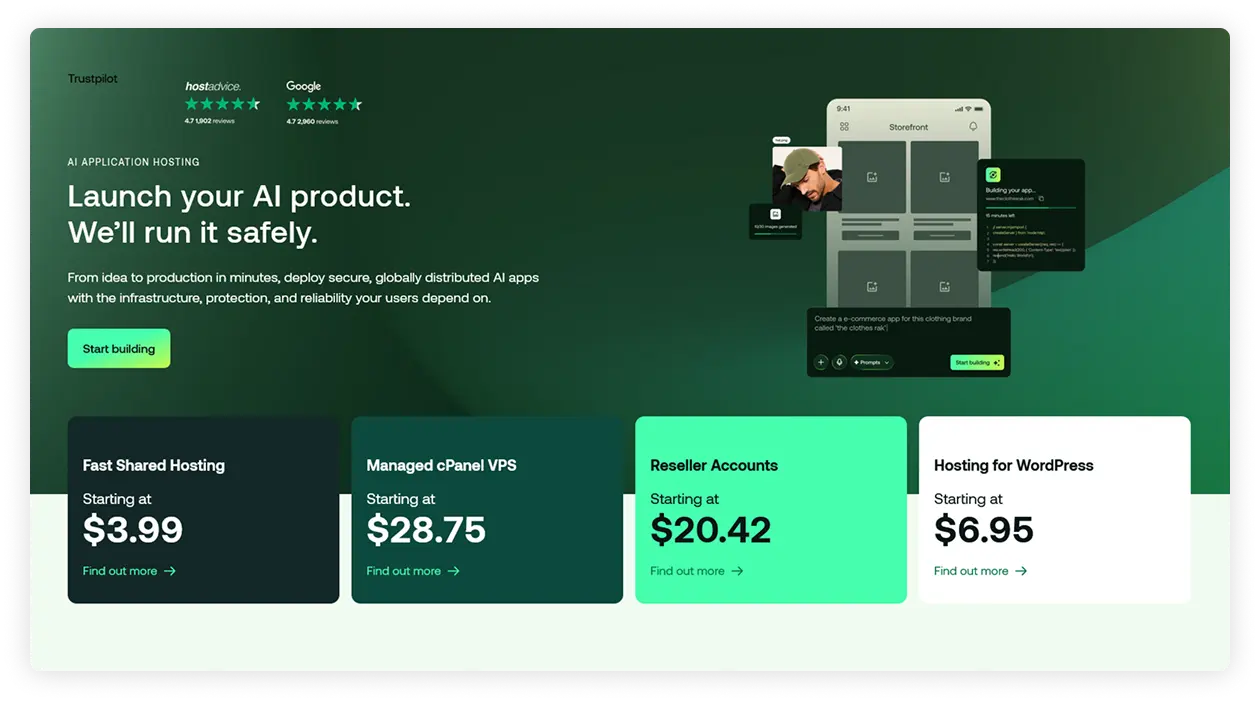 Hosting.com homepage in 2026 showing the rebrand from A2 Hosting with starting prices and hosting types