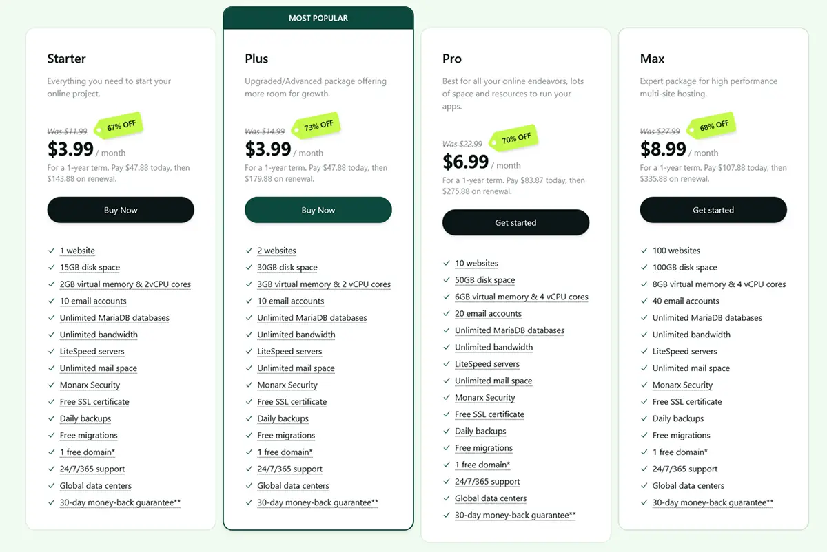 Hosting.com pricing plans for 2026 showing shared, WordPress, VPS, and reseller tiers with Starter Plus Pro Max pricing