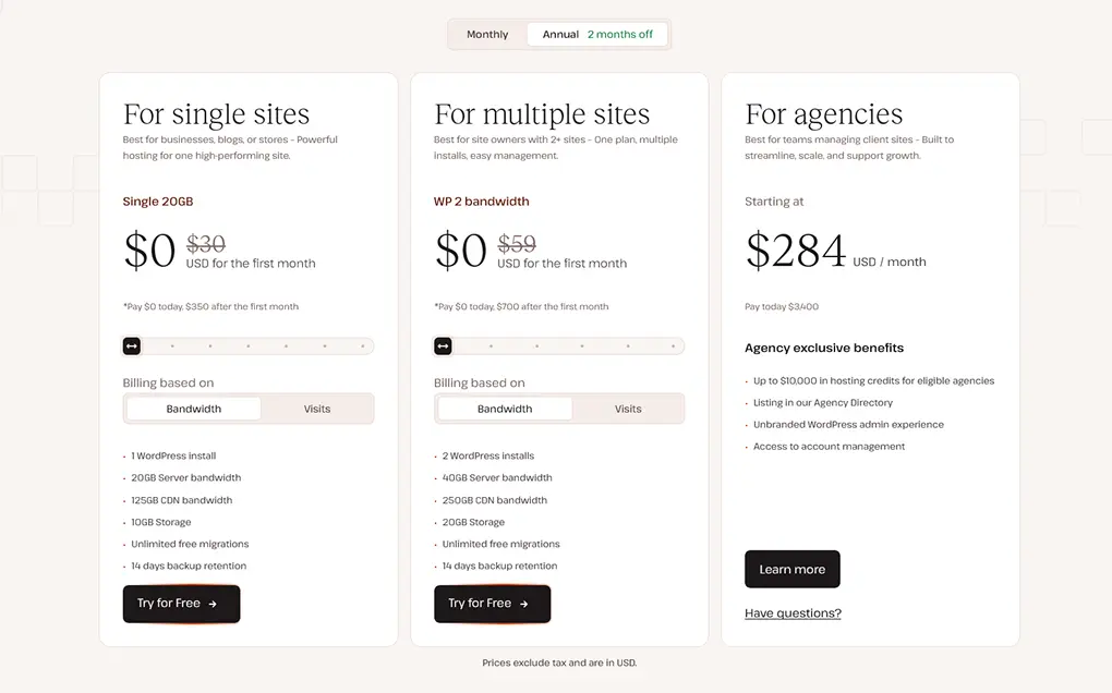 Kinsta WordPress hosting pricing plans for 2026 showing Single site, multiple sites, and agency tiers