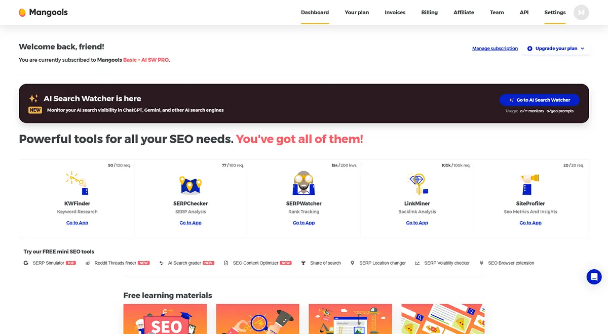 Mangools dashboard showing all five SEO tools with usage limits and the new AI Search Watcher feature