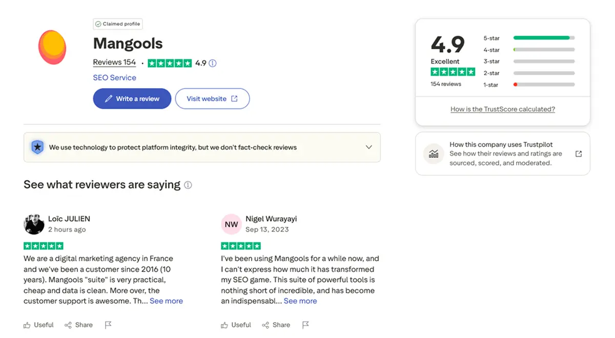 Mangools user ratings showing 4.9 on Trustpilot, 4.7 on G2, and 4.8 on Capterra