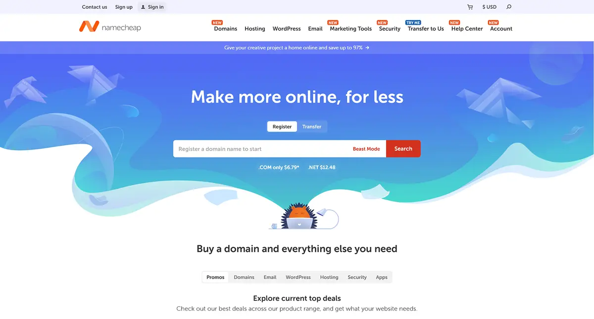 Namecheap homepage in 2026 showing the full product lineup from domains and hosting to EasyWP and marketing tools