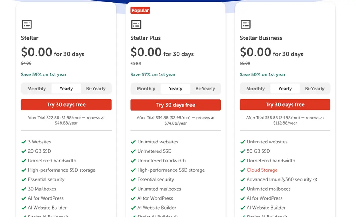 Namecheap Stellar hosting pricing plans for 2026 showing Stellar, Stellar Plus, and Stellar Business tiers