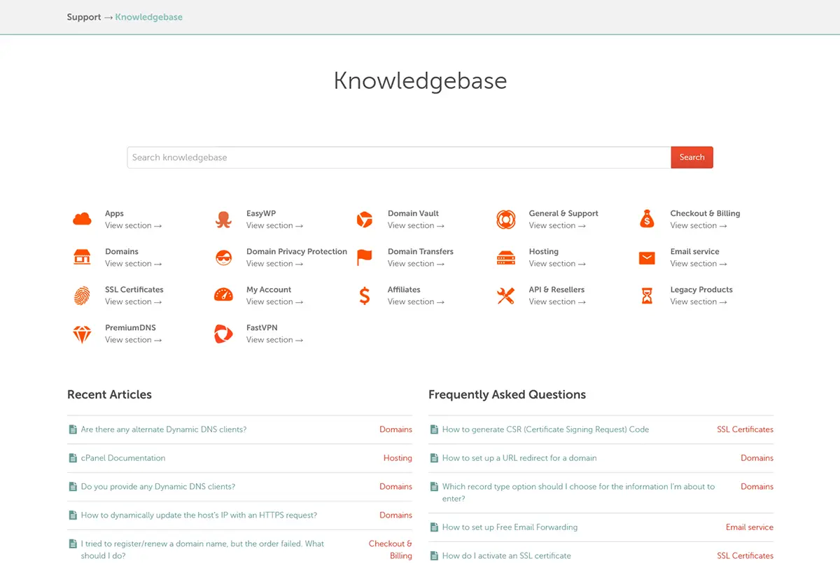 Namecheap support knowledgebase showing the organized help sections and recent articles