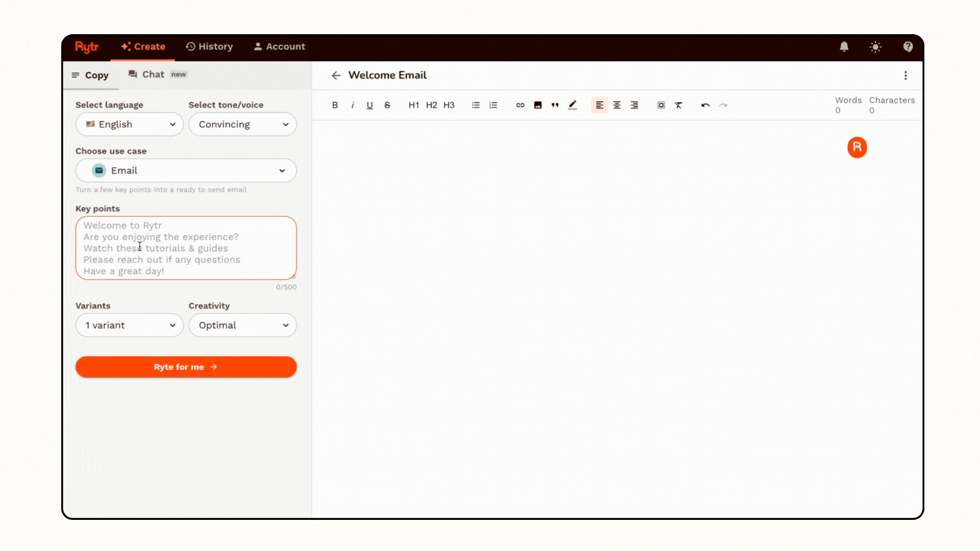 Rytr email generator showing tone selection and key points input with AI generated professional email output