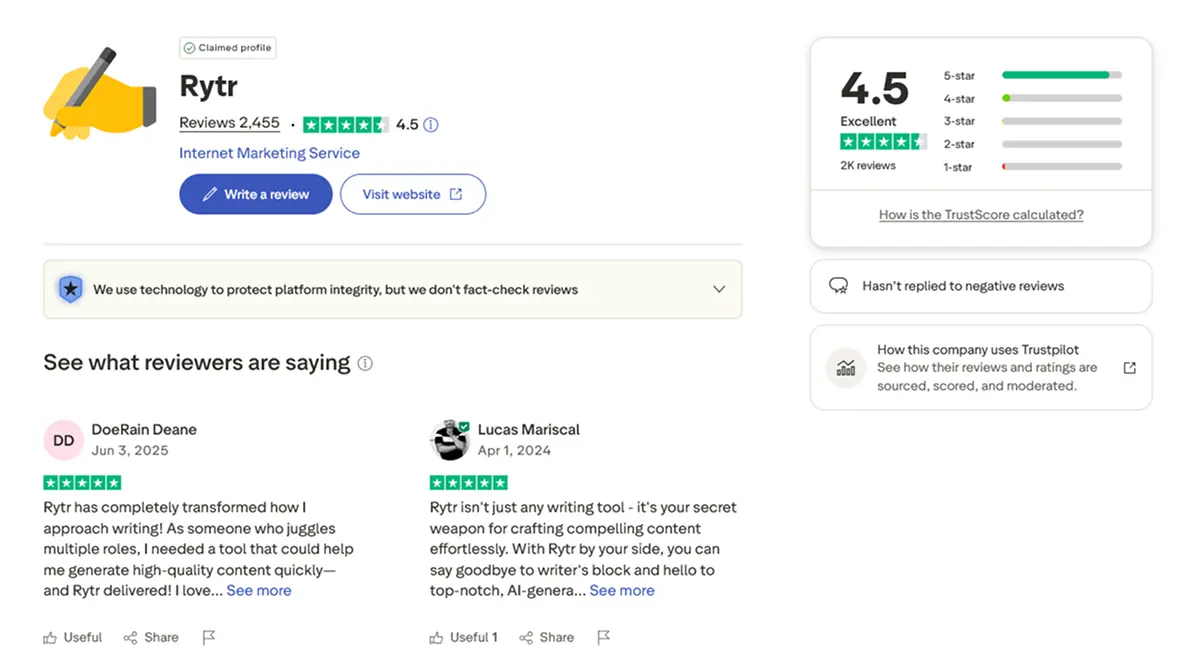 Rytr user testimonials showing positive reviews from G2 and Madesnappy about AI writing quality and voice matching
