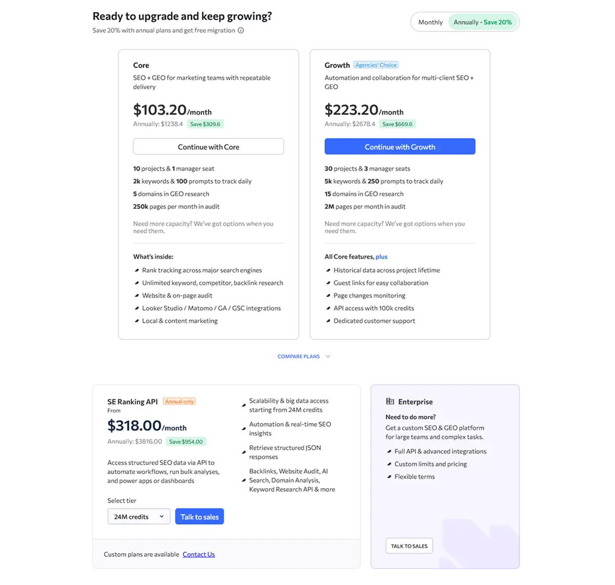 SE Ranking pricing plans for 2026 showing Core, Growth, and Enterprise tiers with annual savings