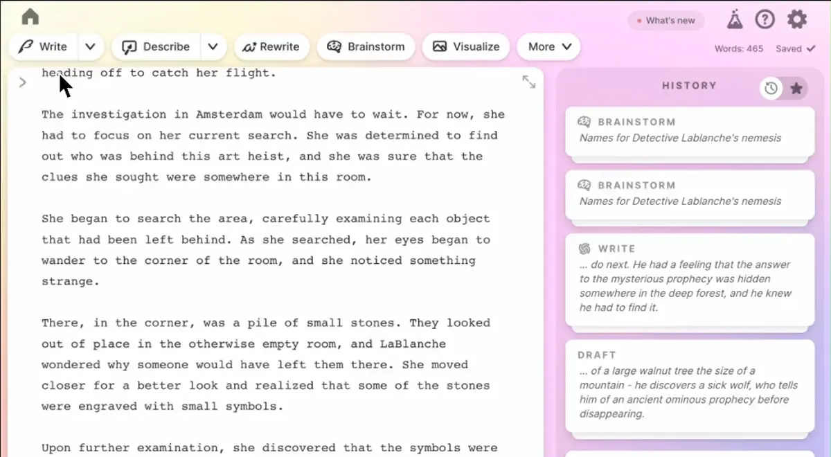Sudowrite editor interface showing the writing tools, Story Bible, and Muse model selector