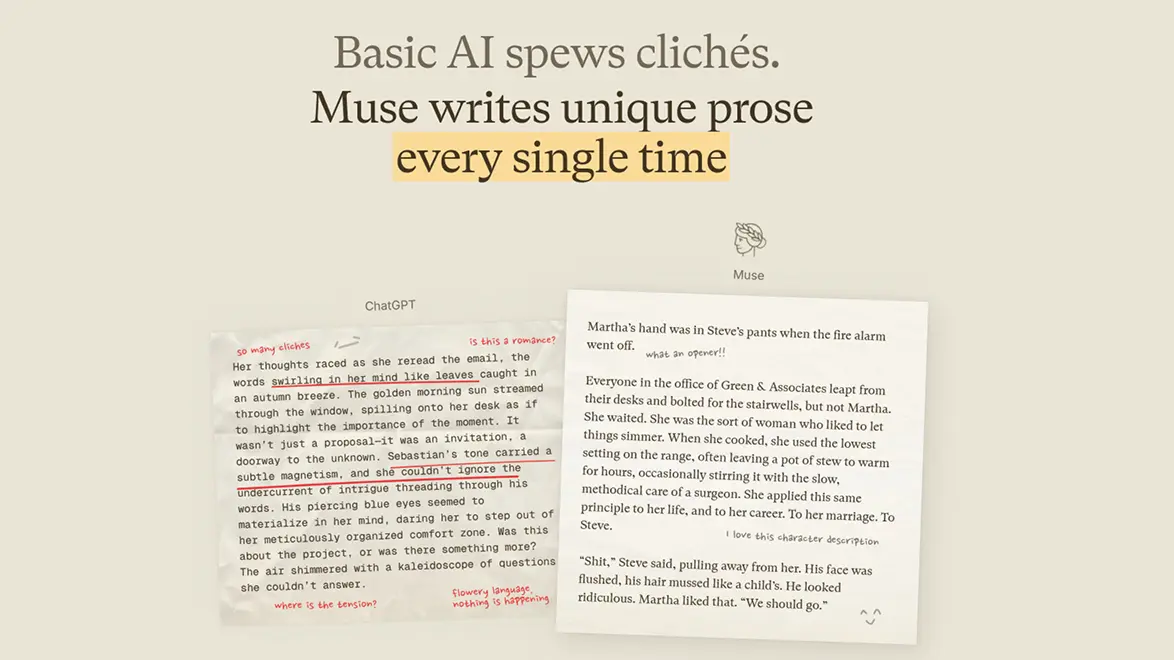 Comparison between Sudowrite Muse output and ChatGPT output showing the difference in fiction prose quality