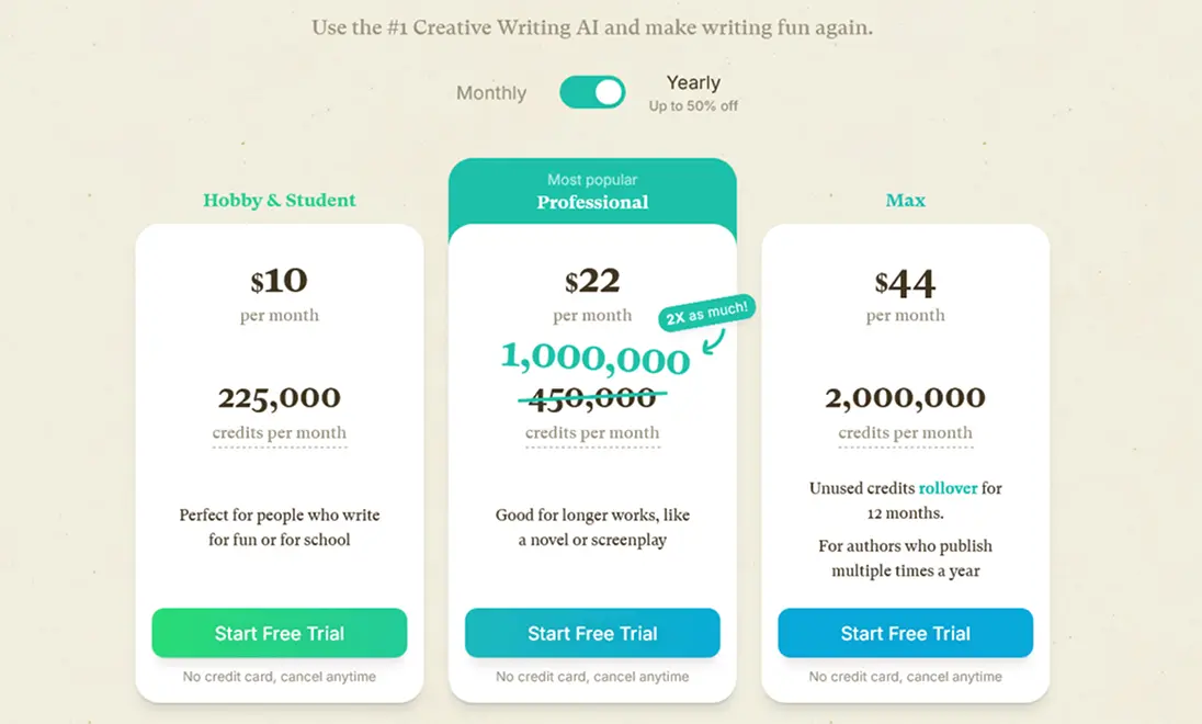 Sudowrite pricing plans for 2026 showing Hobby, Professional, and Max tiers with monthly and annual pricing