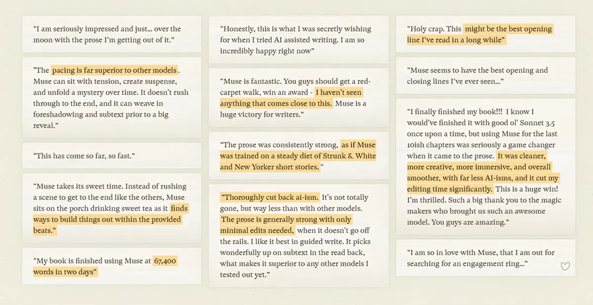 Real user testimonials from the Sudowrite community showing feedback on prose quality and productivity