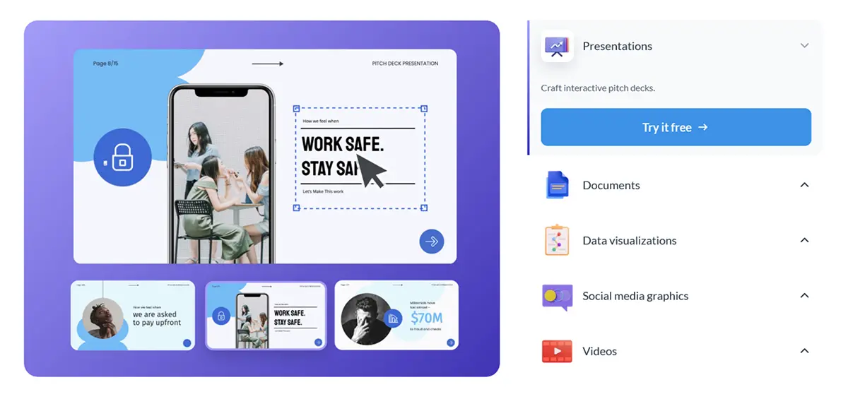 Visme dashboard in 2026 showing the all-in-one editor for presentations, infographics, and visual content creation
