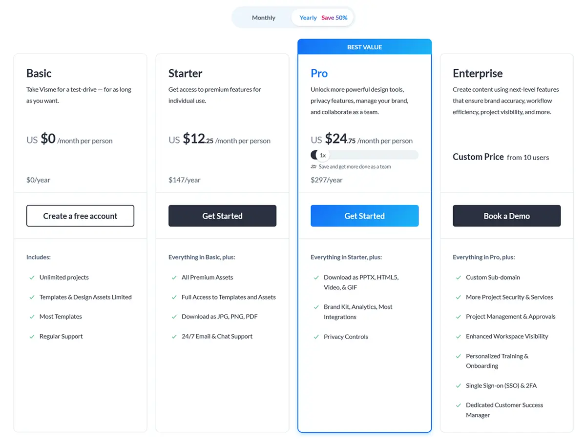 Visme pricing plans for 2026 showing Basic, Starter, Pro, and Enterprise tiers