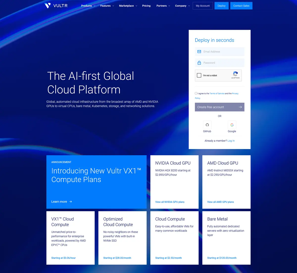 Vultr 2026 homepage showing More Cloud Less Money headline with Deploy Now and Contact Sales buttons