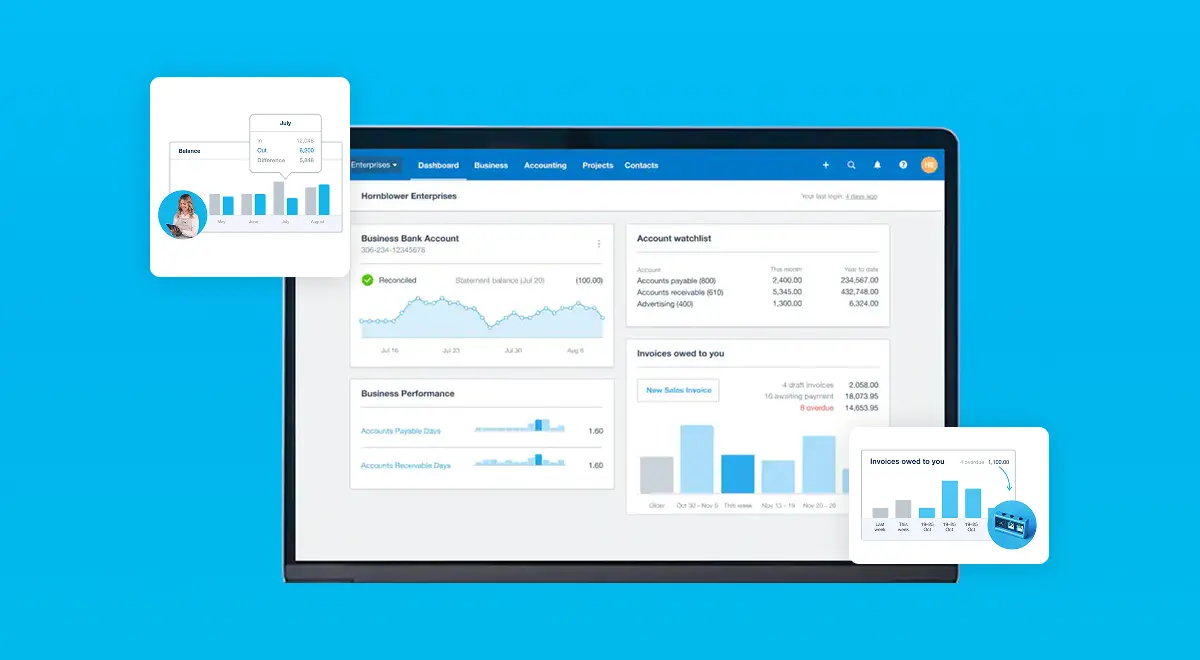 Xero accounting platform dashboard showing bank accounts, invoices, and cash flow overview