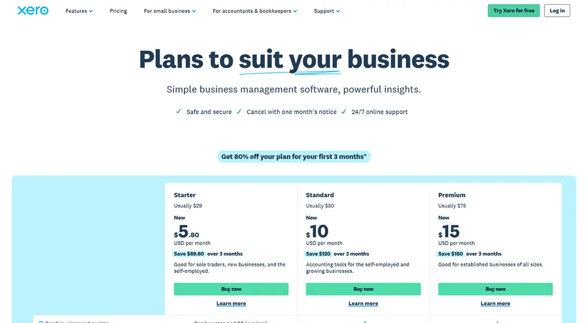 Xero pricing plans for 2026 showing Early at $25, Growing at $55, and Established at $90 per month